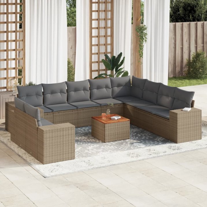 vidaXL 11-tlg. Garten-Sofagarnitur mit Kissen Schwarz Poly Rattan