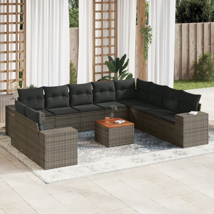 vidaXL 11-tlg. Garten-Sofagarnitur mit Kissen Schwarz Poly Rattan