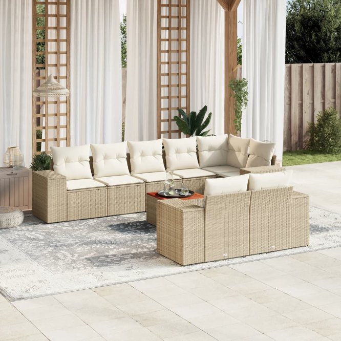 9-tlg. Garten-Sofagarnitur mit Kissen Schwarz Poly Rattan