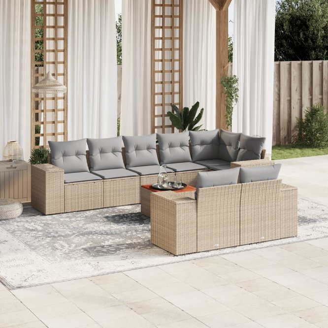 9-tlg. Garten-Sofagarnitur mit Kissen Schwarz Poly Rattan