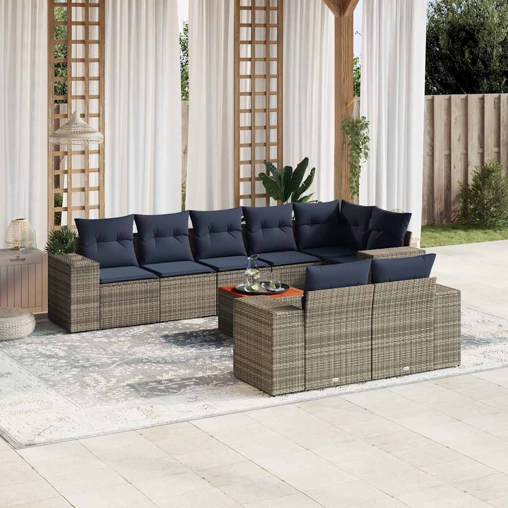 9-teiliges Gartensofa-Set mit Kissen, schwarzes Polyrattan