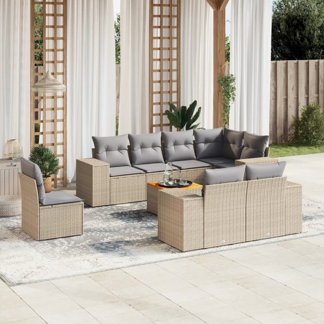 9-tlg. Garten-Sofagarnitur mit Kissen Schwarz Poly Rattan
