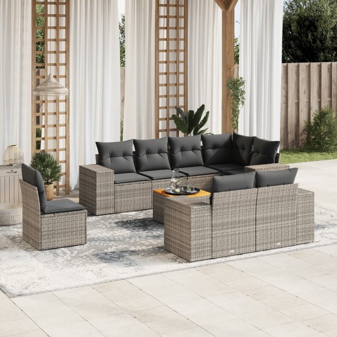 9-tlg. Garten-Sofagarnitur mit Kissen Schwarz Poly Rattan