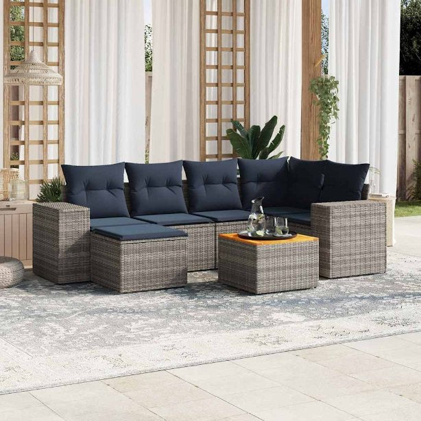 7-teiliges Gartensofa-Set mit Kissen, schwarzes Polyrattan