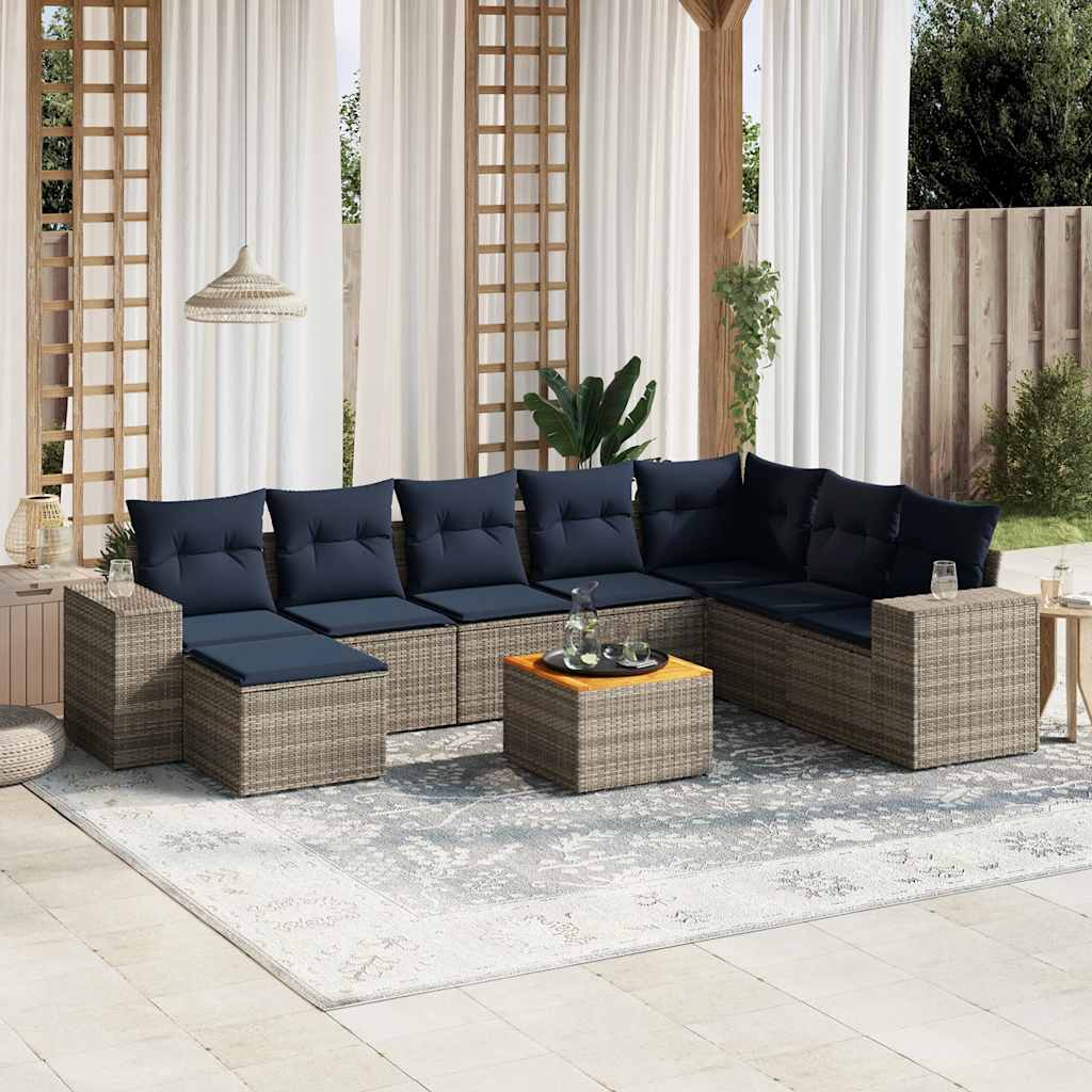9-teiliges Gartensofa-Set mit Kissen, schwarzes Polyrattan