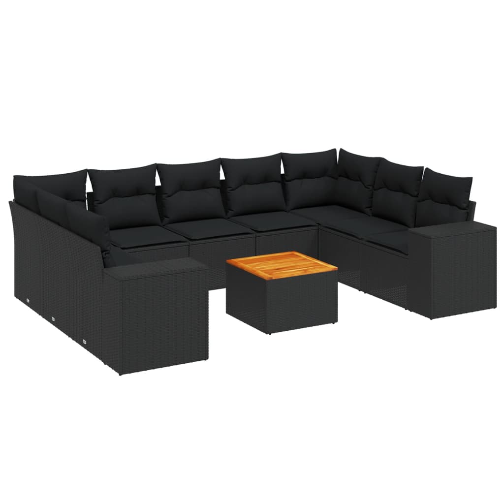 vidaXL 10-tlg. Garten-Sofagarnitur mit Kissen Schwarz Poly Rattan