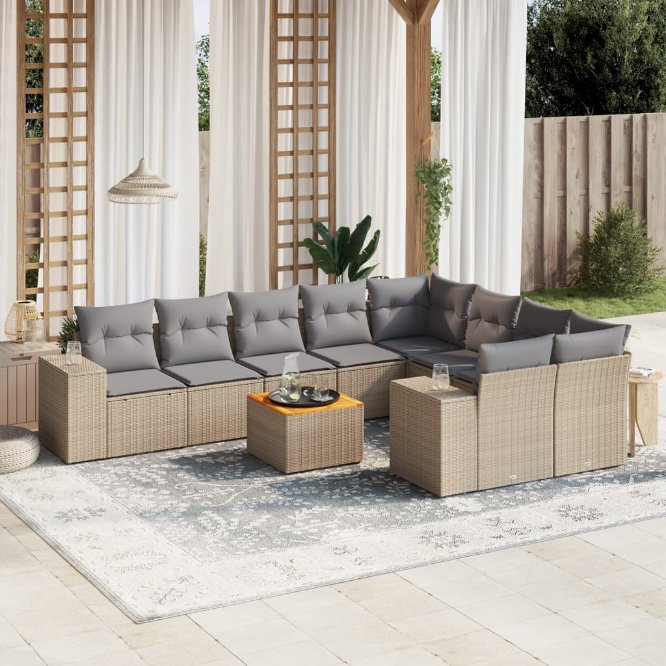 vidaXL 10-tlg. Garten-Sofagarnitur mit Kissen Schwarz Poly Rattan