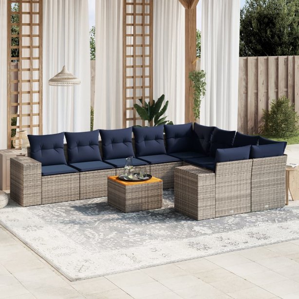 vidaXL 10-teiliges Gartensofa-Set mit Kissen, schwarzes Polyrattan