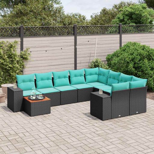 vidaXL 10-teiliges Gartensofa-Set mit Kissen, schwarzes Polyrattan