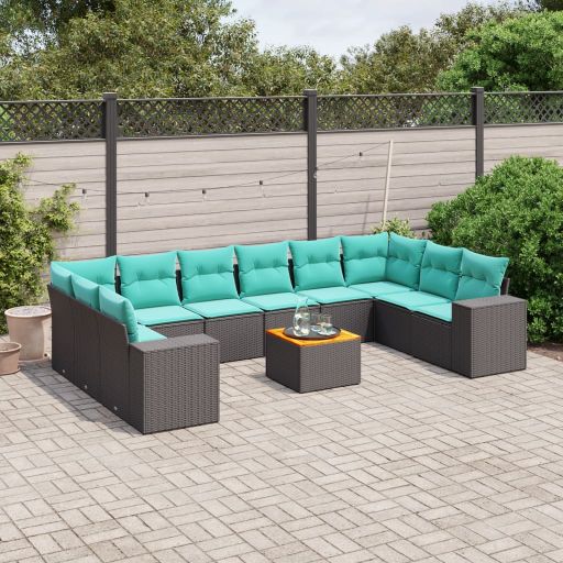 vidaXL 11-teiliges Gartensofa-Set mit Kissen, schwarzes Polyrattan