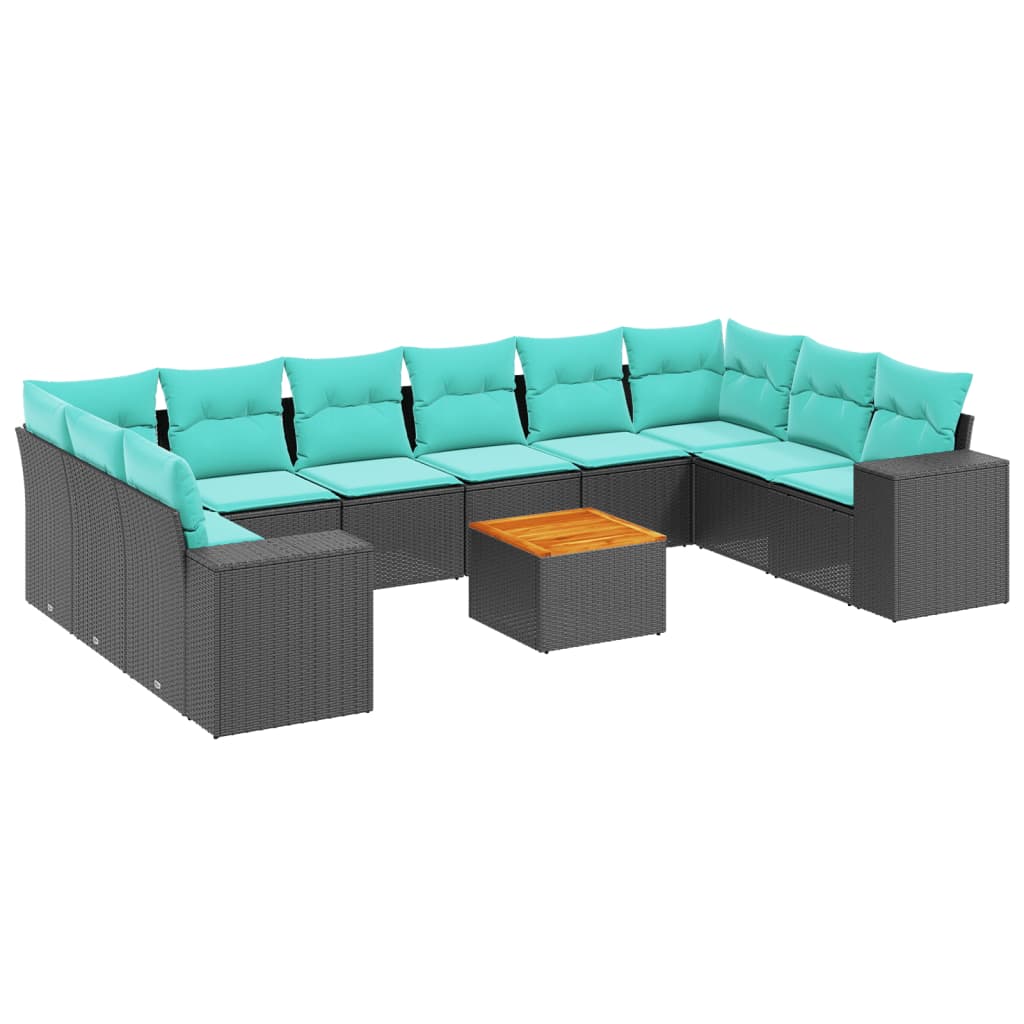 vidaXL 11-teiliges Gartensofa-Set mit Kissen, schwarzes Polyrattan