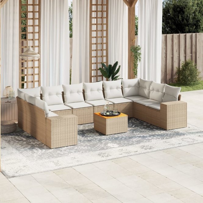 11-tlg. Garten-Sofagarnitur mit Kissen Schwarz Poly Rattan