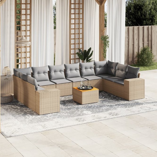 11-tlg. Garten-Sofagarnitur mit Kissen Schwarz Poly Rattan