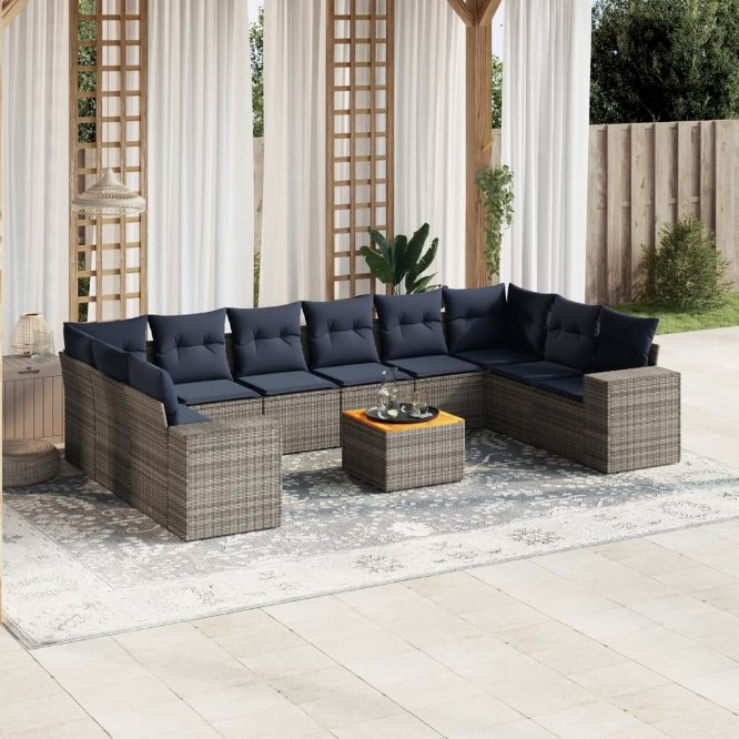vidaXL 11-teiliges Gartensofa-Set mit Kissen, schwarzes Polyrattan