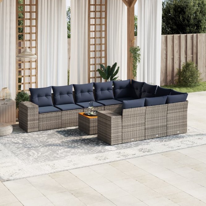 vidaXL 11-teiliges Gartensofa-Set mit Kissen, schwarzes Polyrattan