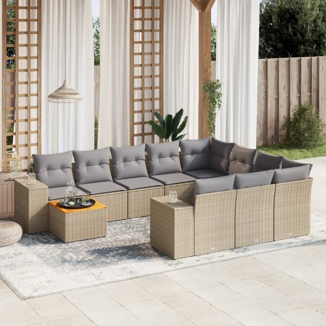 11-tlg. Garten-Sofagarnitur mit Kissen Schwarz Poly Rattan