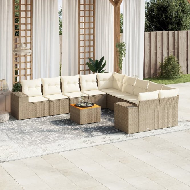 11-tlg. Garten-Sofagarnitur mit Kissen Schwarz Poly Rattan