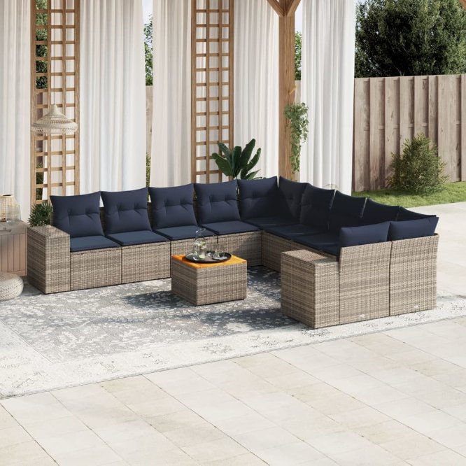 vidaXL 11-teiliges Gartensofa-Set mit Kissen, schwarzes Polyrattan