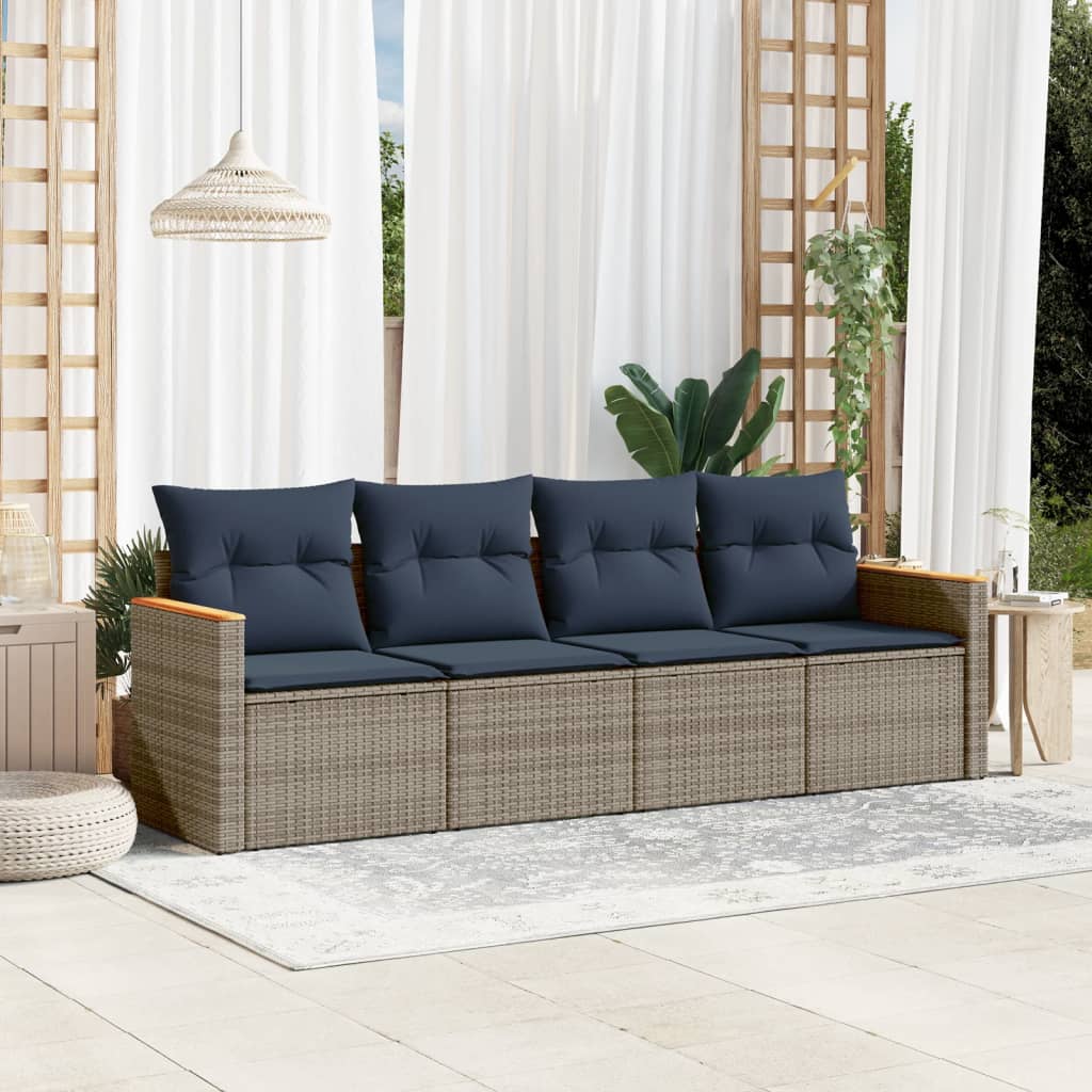 4-teiliges Gartensofa-Set mit Kissen, schwarzes Polyrattan