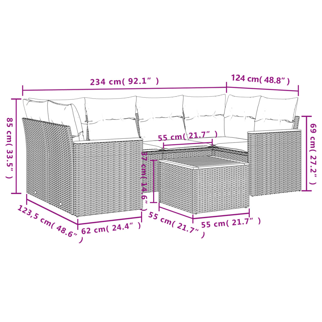 7-teiliges Gartensofa-Set mit Kissen, schwarzes Polyrattan