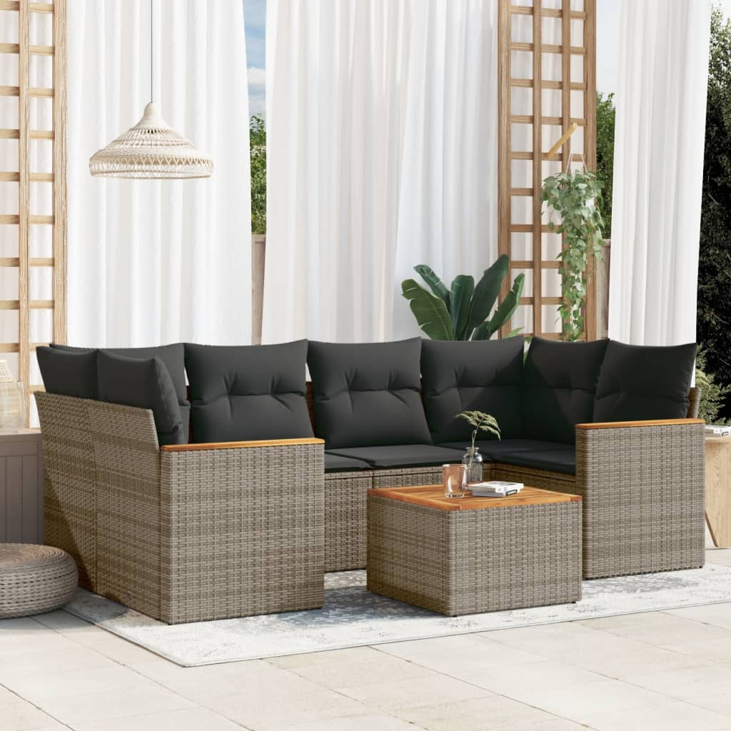 7-tlg. Garten-Sofagarnitur mit Kissen Schwarz Poly Rattan
