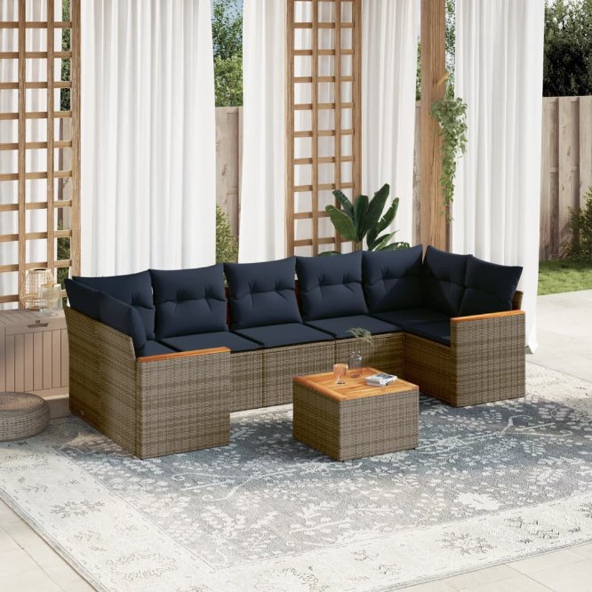 8-teiliges Gartensofa-Set mit Kissen, schwarzes Polyrattan