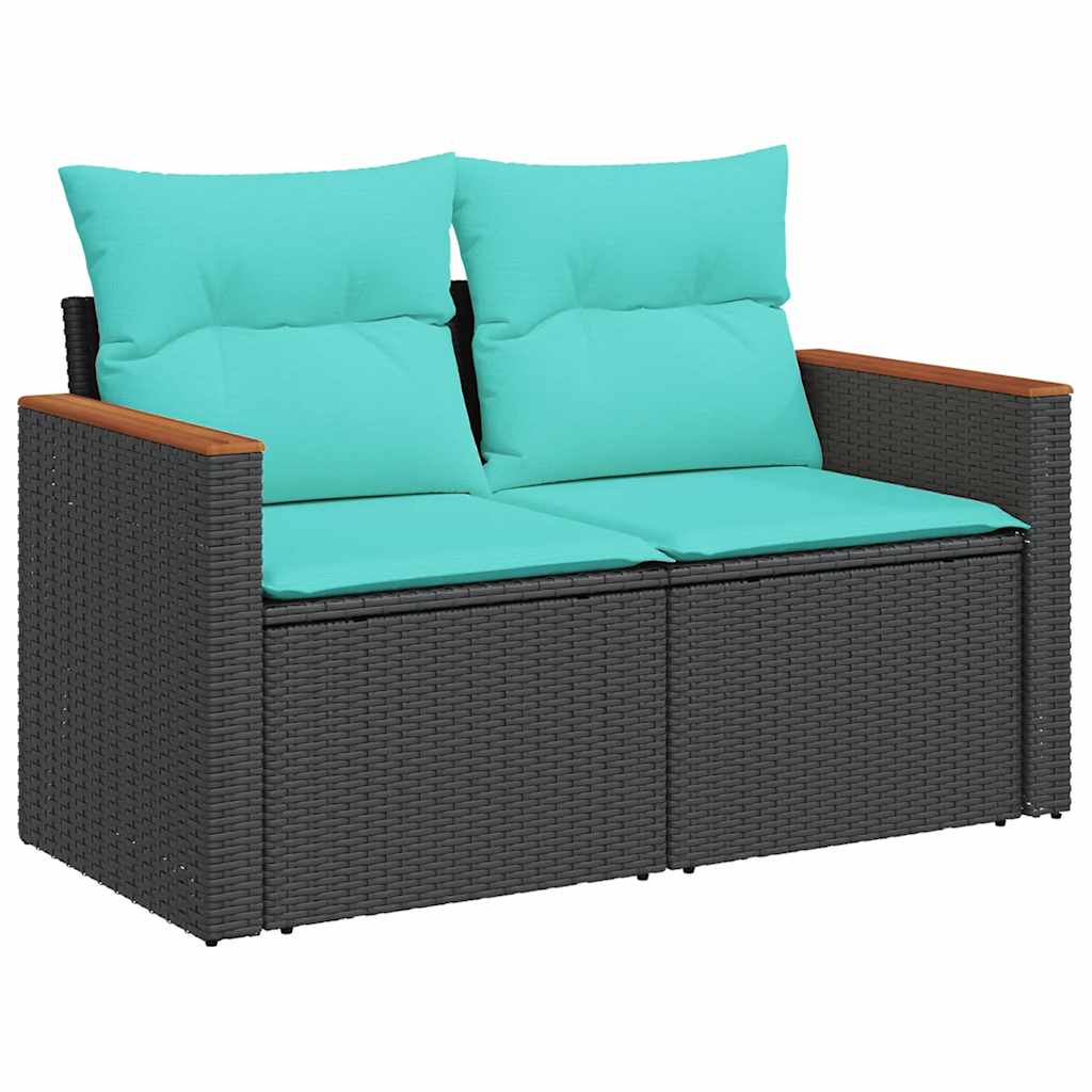 9-teiliges Gartensofa-Set mit Kissen, schwarzes Polyrattan