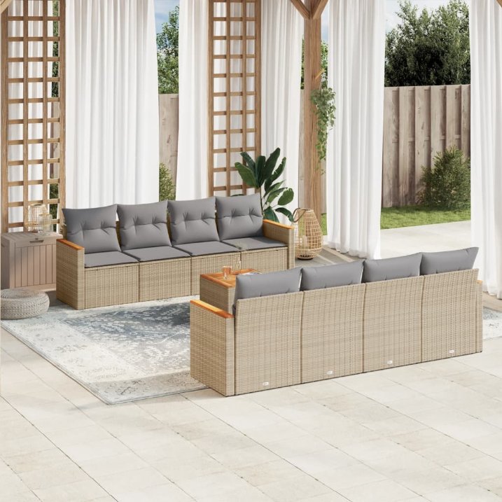 9-tlg. Garten-Sofagarnitur mit Kissen Schwarz Poly Rattan
