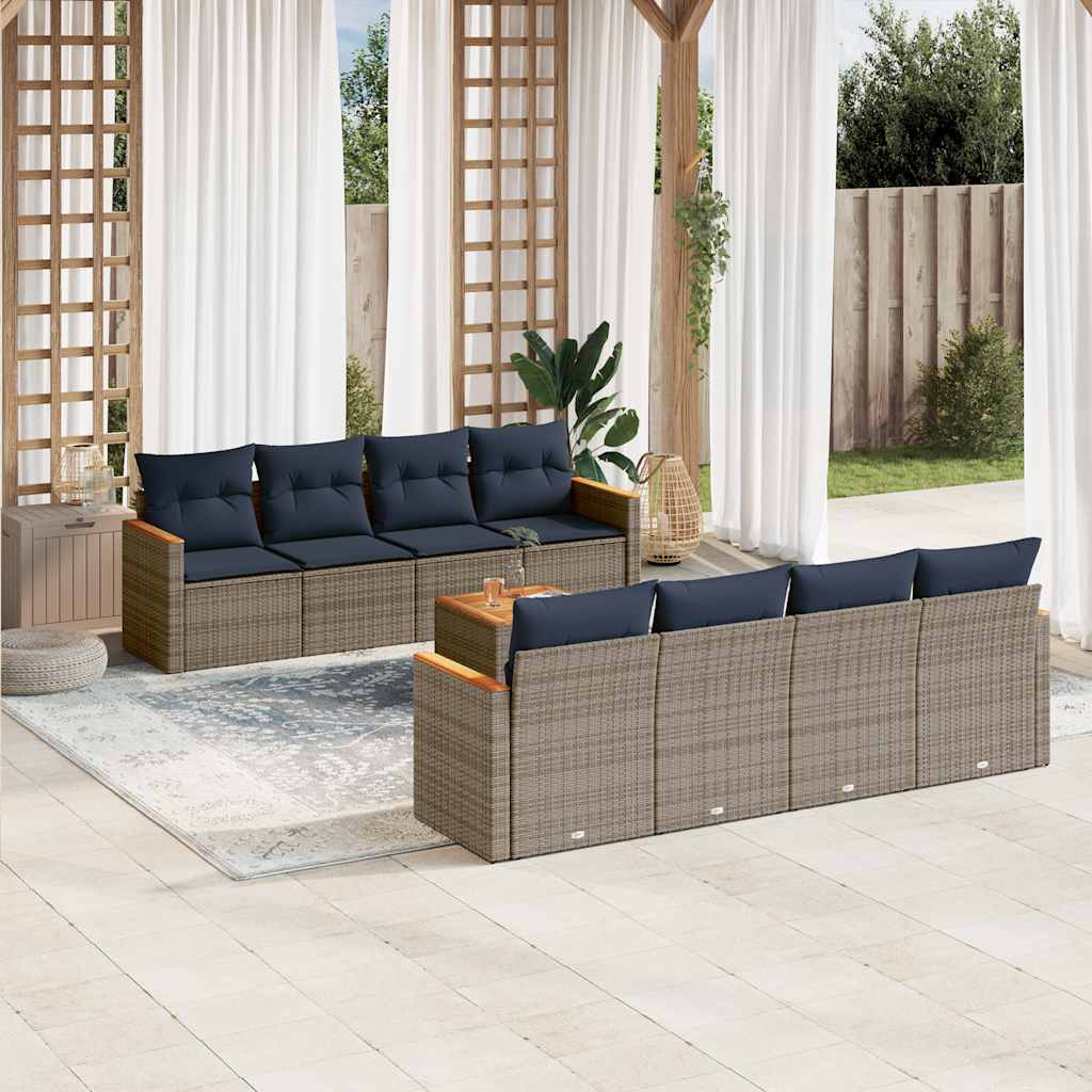 9-teiliges Gartensofa-Set mit Kissen, schwarzes Polyrattan