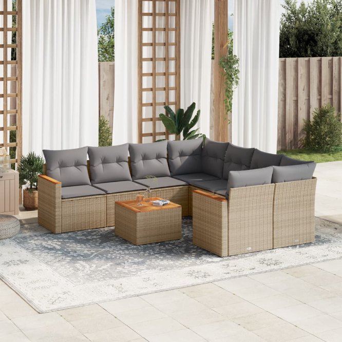 9-tlg. Garten-Sofagarnitur mit Kissen Schwarz Poly Rattan
