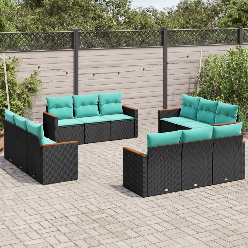 vidaXL 12-teiliges Gartensofa-Set mit Kissen, schwarzes Polyrattan