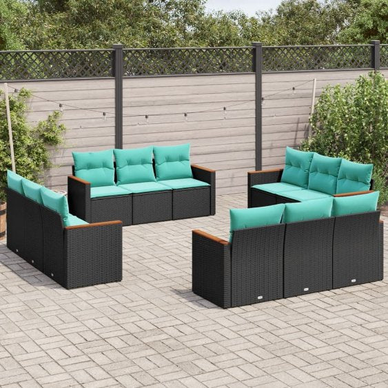 vidaXL 12-teiliges Gartensofa-Set mit Kissen, schwarzes Polyrattan