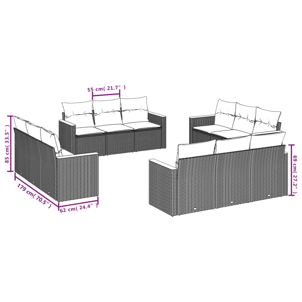 vidaXL 12-teiliges Gartensofa-Set mit Kissen, schwarzes Polyrattan