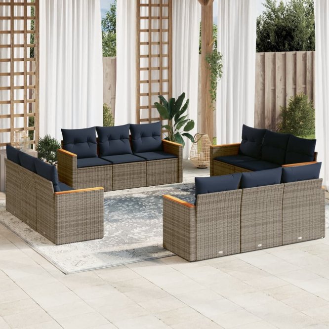 vidaXL 12-teiliges Gartensofa-Set mit Kissen, schwarzes Polyrattan
