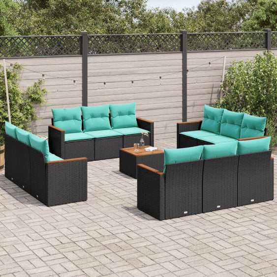 vidaXL 12-teiliges Gartensofa-Set mit Kissen, schwarzes Polyrattan