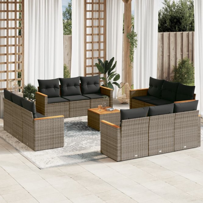12-tlg. Garten-Sofagarnitur mit Kissen Schwarz Poly Rattan