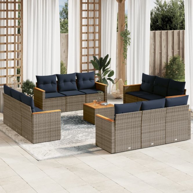 vidaXL 12-teiliges Gartensofa-Set mit Kissen, schwarzes Polyrattan