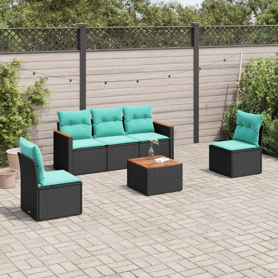 5-teiliges Gartensofa-Set mit Kissen, schwarzes Polyrattan