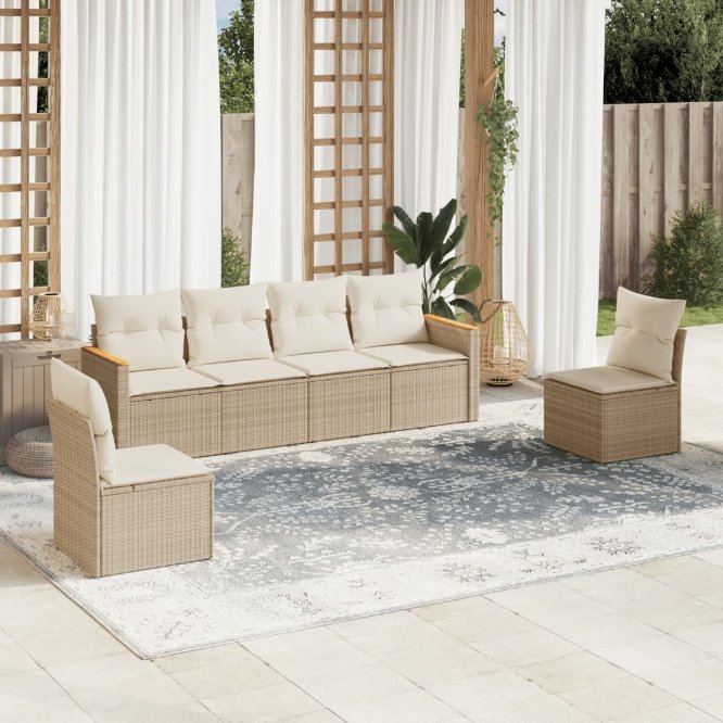 6-tlg. Garten-Sofagarnitur mit Kissen Schwarz Poly Rattan