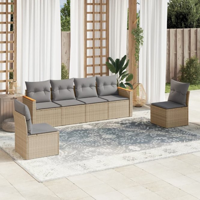 6-tlg. Garten-Sofagarnitur mit Kissen Schwarz Poly Rattan