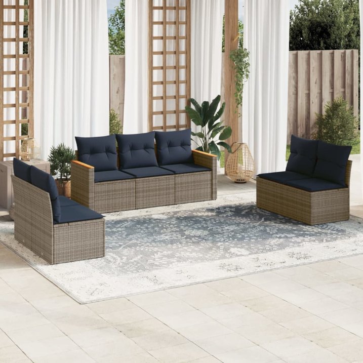 7-teiliges Gartensofa-Set mit Kissen, schwarzes Polyrattan