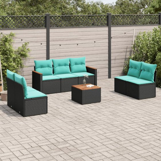 7-teiliges Gartensofa-Set mit Kissen, schwarzes Polyrattan