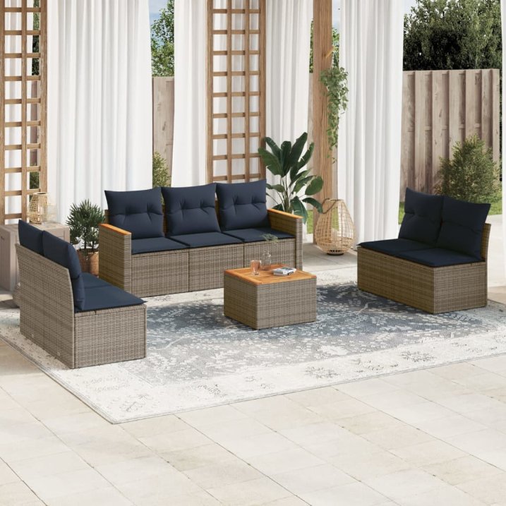 7-teiliges Gartensofa-Set mit Kissen, schwarzes Polyrattan