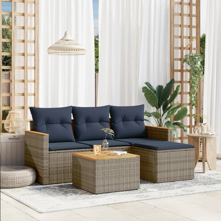 4-teiliges Gartensofa-Set mit Kissen, schwarzes Polyrattan