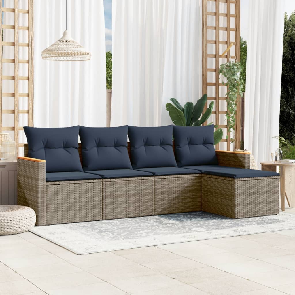 5-teiliges Gartensofa-Set mit Kissen, schwarzes Polyrattan