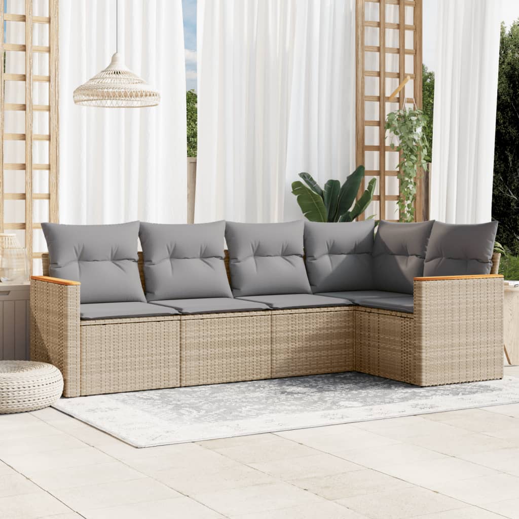 5-tlg. Garten-Sofagarnitur mit Kissen Schwarz Poly Rattan