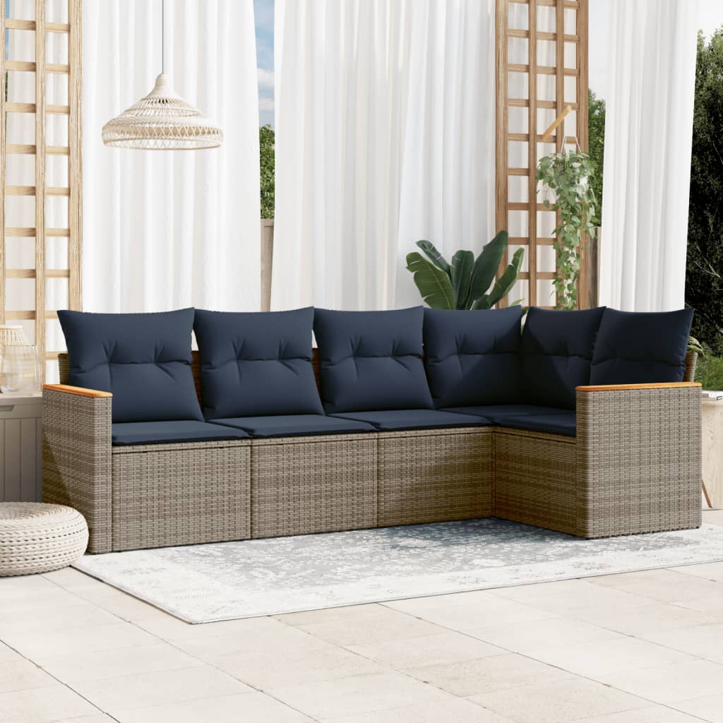 5-teiliges Gartensofa-Set mit Kissen, schwarzes Polyrattan