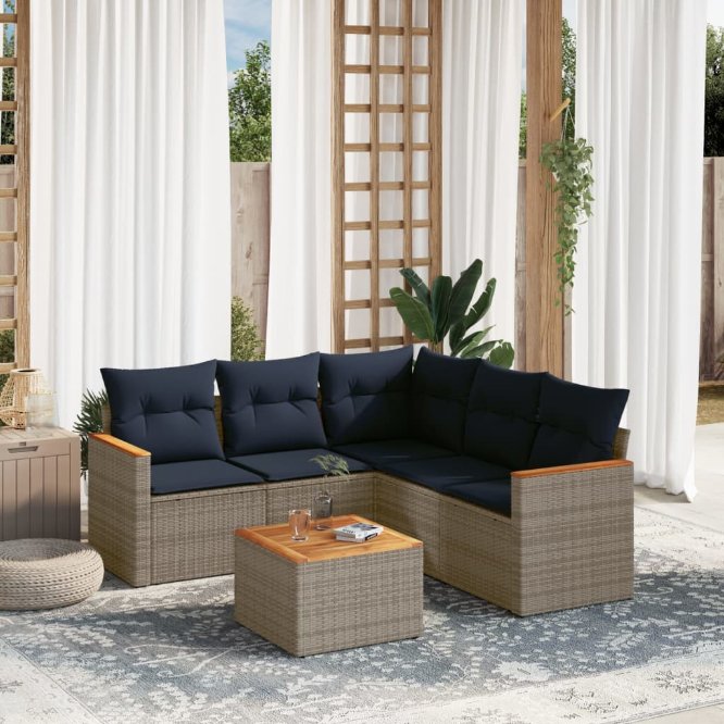 5-teiliges Gartensofa-Set mit Kissen, schwarzes Polyrattan