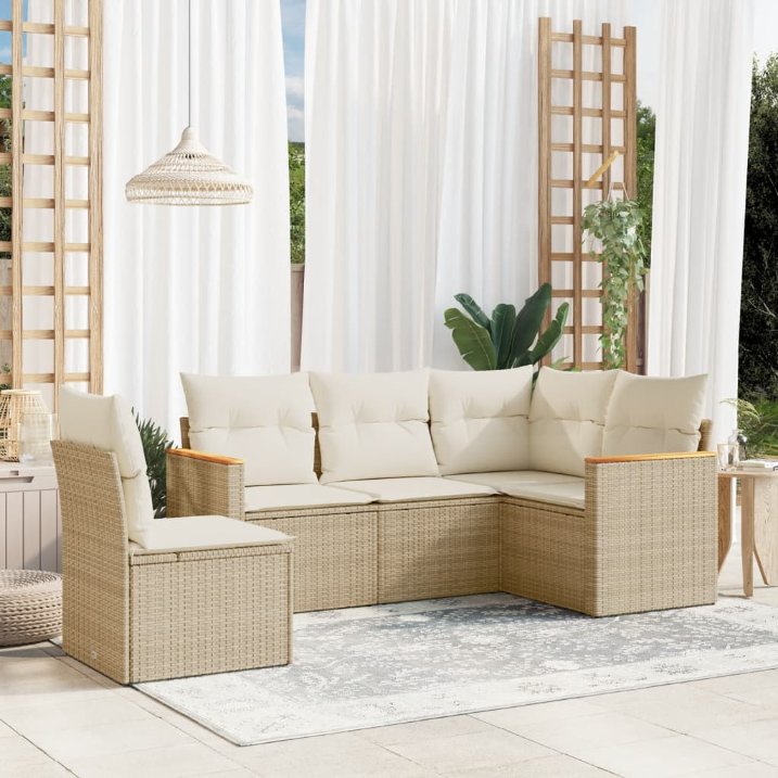 5-tlg. Garten-Sofagarnitur mit Kissen Schwarz Poly Rattan