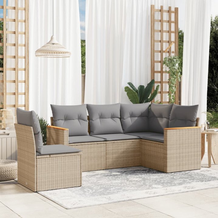 5-tlg. Garten-Sofagarnitur mit Kissen Schwarz Poly Rattan